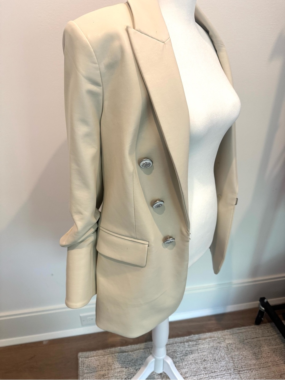 Veronica Beard Cream Double-Breasted Faux Leather Blazer - Picture 8 of 8